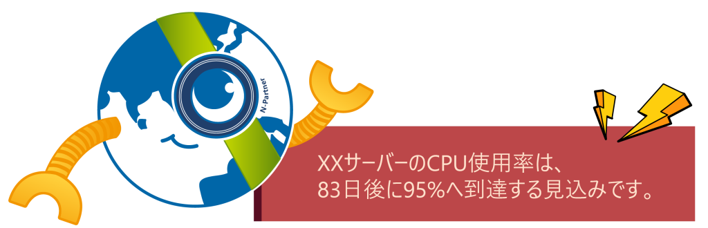 N-RobotがサーバーのCPU使用率を予測し、83日後に95％へ到達する見込みを事前通知するアラート画像