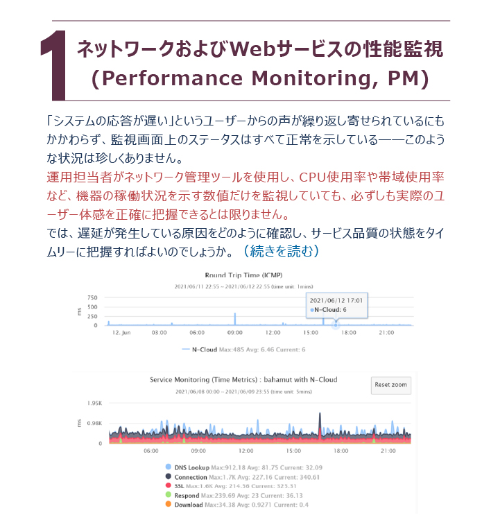 ネットワークおよびWebサービスの性能監視により、RTTや応答時間を可視化しユーザー体感を把握する説明図